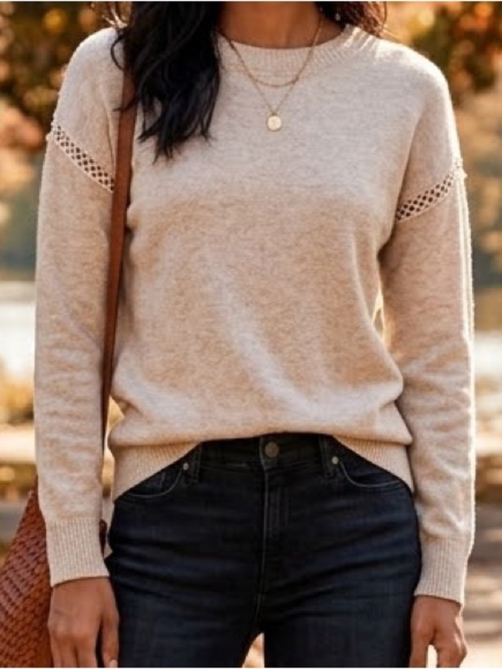 Anthropologie Heartloom Heathered Tan Lattice Stitch Sweater NWOT Sz S